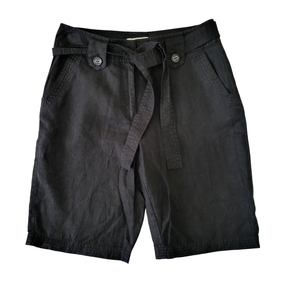 Talbots 100% Irish Linen Bermuda Shorts Womens 6 Black Dress High Rise Sash Belt